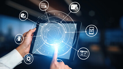 Obraz premium Predictive maintenance icons for industry, automation, smart factory and manufacturing showing data analysis, monitoring, robotics and system optimization with advanced maintenance solutions. Gist