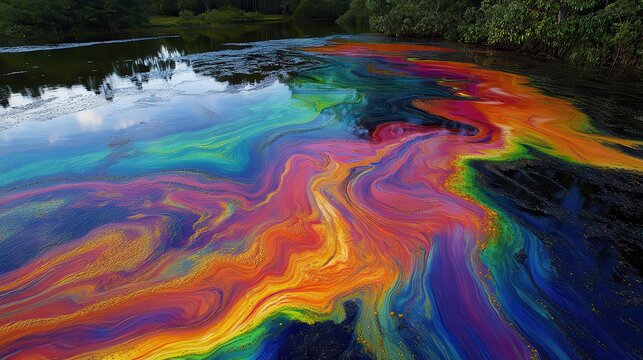 Vibrant toxic algae bloom creates swirling iridescent patterns on the surface of a forest pond