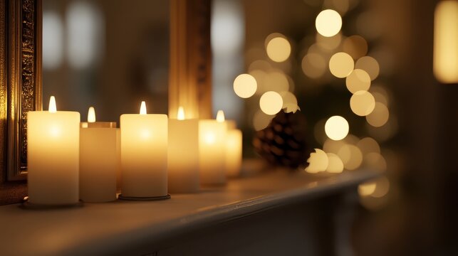 Warm glowing Christmas candles and pinecone on a festive holiday mantle with soft, blurred bokeh lights