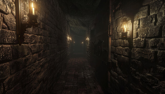 Explore the eerie underground corridor lit by flickering torches with textured stone walls and an atmosphere of suspense and mystery