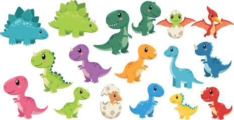Cute cartoon dinosaur collection, colorful baby dino characters with eggs and pterodactyl, vector illustration set for kids © MdMahabur