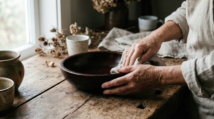 Fototapeta premium Woman's hands in a rustic setting, wiping and cleaning a large dark wooden bowl with a linen cloth on an old table.