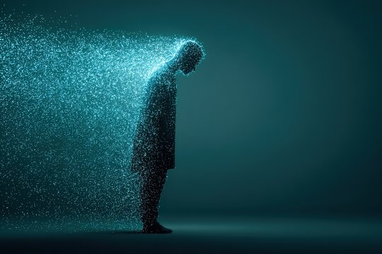 Sad silhouette of a human dissolving into blue and golden particles on dark background