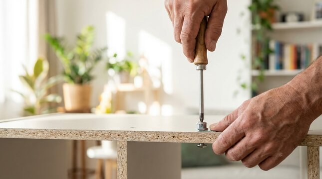 Man's hands assembling flat-pack particle board furniture, using a screwdriver to tighten a cam lock screw.