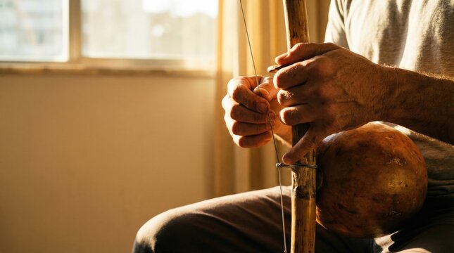 Musician's hands playing a berimbau, a Brazilian single-string percussion instrument, in warm, backlit sunlight.