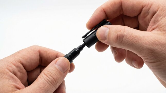 Close-up of male hands assembling or disassembling a small, black, technical pen or tool over a white background.