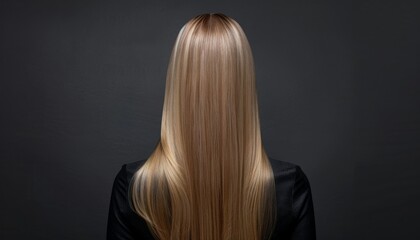 Naklejka premium Long, straight, silky hair flowing down the back against a dark background creates an elegant and modern hairstyle look