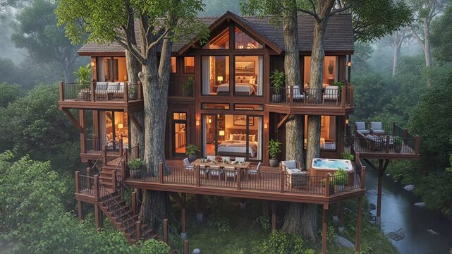 Modern wooden treehouse cabin residence constructed among tall forest trees illuminated by warm interior lighting in peaceful natural environment seamless looping 4k time-lapse animation video backgro