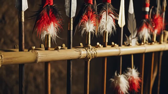 Tribal Arrows with Red White Feathers Displayed on Bamboo Stand with Soft Lighting