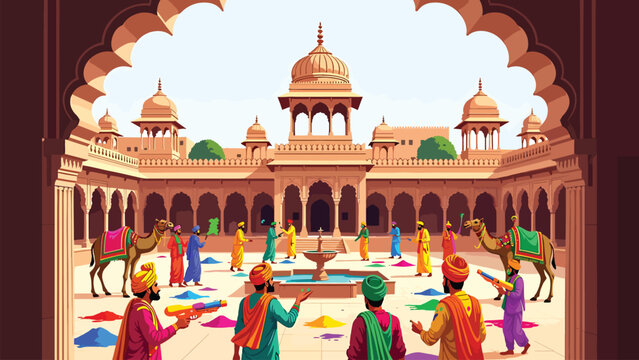 Traditional holi celebration with people camels and water guns in ancient palace courtyard vector illustration featuring vibrant colors of india and architecture