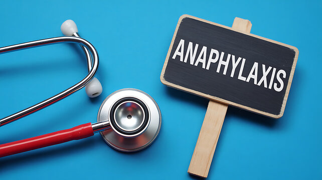 Anaphylaxis emergency medical concept with stethoscope and chalkboard sign on blue background for allergy awareness and healthcare education