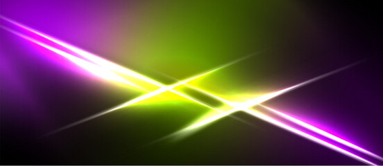 Naklejka premium Bright neon lines intersect over green, purple background. Dramatic light effects create abstract visual impact. Intense energy radiates.