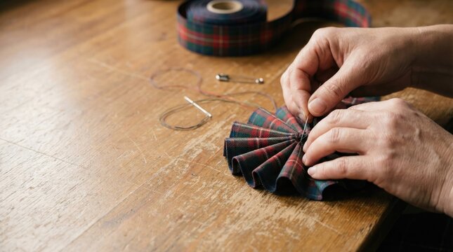 Person's hands sewing a folded tartan plaid ribbon into a rosette cockade with a needle and thread.