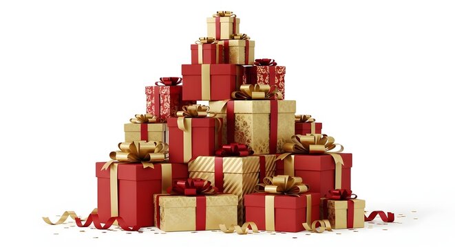A pyramid stack of elegantly wrapped christmas presents in red and gold with ribbons and bows on a white background for holiday gifting