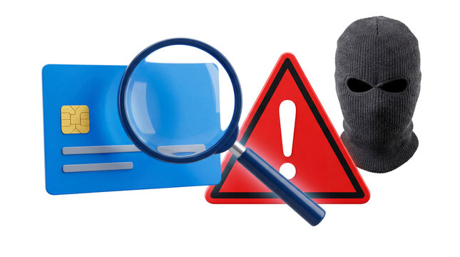 Credit card fraud and identity theft concept with blue credit card, magnifying glass, red warning sign, and black balaclava isolated PNG with Transparent Background