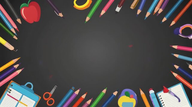 Colorful school supplies frame on a dark chalkboard background with copy space, ideal for back to school, education, and creative learning themes