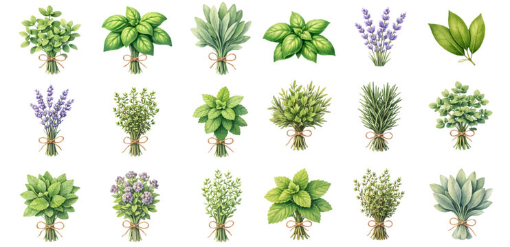 A charming watercolor collection of fresh herb clipart, including basil, mint, rosemary, thyme, sage, lavender, and tied rustic bundles.