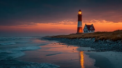 Serene Coastal Lighthouse Illuminated by Dramatic Sunset and Reflecting on the Gentle Waves