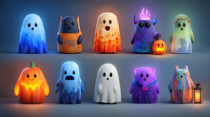 A charming collection of luminous and adorable halloween ghost characters glowing in the dark night