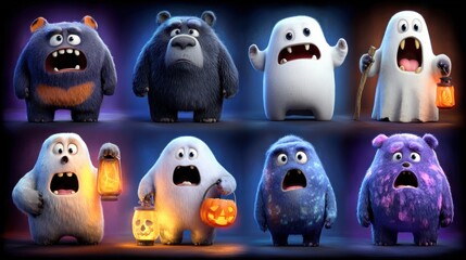 Whimsical Animated Halloween Monsters and Ghosts with Expressive Faces and Lanterns