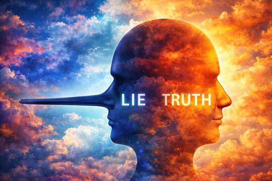 Visual concept of lie and truth with opposing human silhouettes, emotional contrast, psychology, duality, ethics and inner conflict against a background of dramatic clouds in bright colors