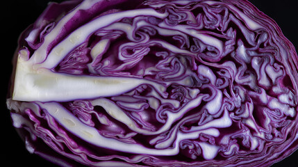 Obraz premium Red cabbage cross section texture macro showing intricate purple and white leaf pattern background, vegetable detail, natural patterns, with copy space