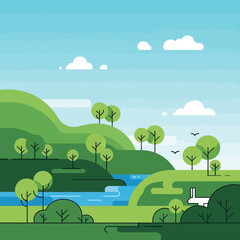 Obraz premium Serene landscape with trees and river flowing through green hills from aerial view