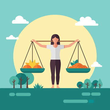 Woman balances harvest on scales in a serene outdoor landscape view