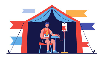 Athlete Receiving IV Drip After Marathon Race at Medical Tent