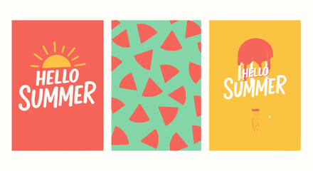 Hello Summer Retro Poster Set with Watermelon Pattern and Popsicle Illustration
