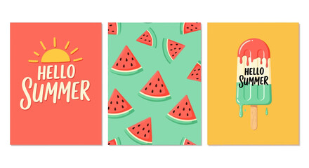 Hello Summer Retro Poster Set with Watermelon Pattern and Popsicle Illustration