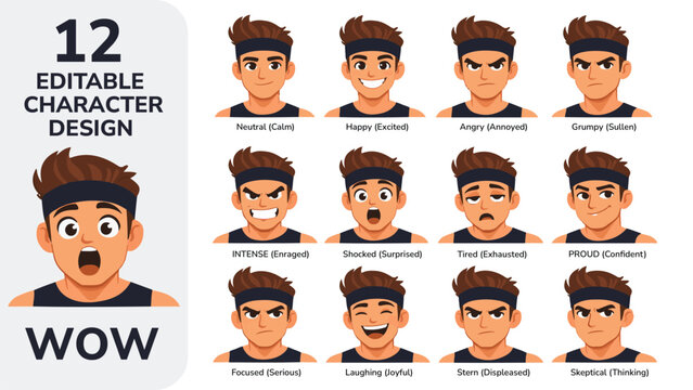12 Editable Cartoon Male Fitness Mascot Facial Expressions - Character Design Sheet for Gym Avatars, Workout Apps & Branding - Emotions Pack