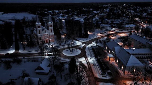 Rapla Church of Mary Magdalene Winter Night Aerial, Estonia