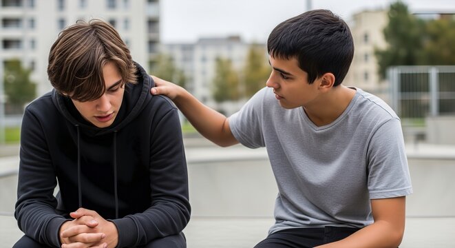 Teenager comforting a sad or upset friend with a supportive hand on the shoulder outdoors.