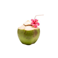 A green coconut with a pink flower and straw on transparent background