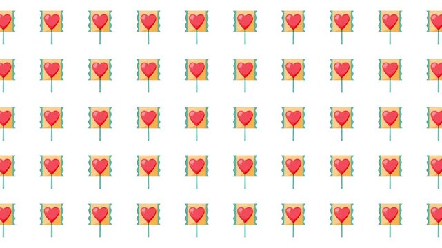 Repeating pattern of heart lollipops on sticks. Ideal for valentines day cards, stationery, or romanticthemed designs. Sweet and festive concept.