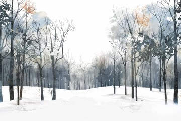Obraz premium Watercolor illustration of a whimsical winter forest with bare trees and snow. Children's Book Illustration