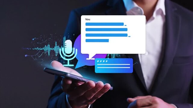 Animated video shows a businessman's hand interacting with voice assistant on a smartphone, converting dynamic audio input into text message content.
