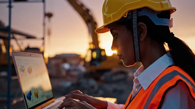 A focused female construction engineer wearing a safety helmet as she uses her laptop. The engineer works on plans at sunset in a construction area