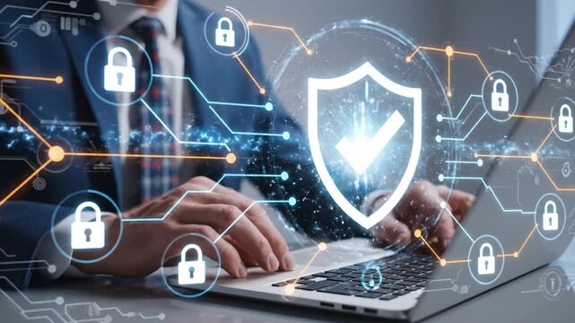 Cybersecurity professional typing on a laptop surrounded by glowing digital shield and padlock protection interface motion graphics
