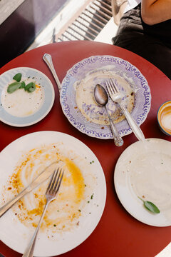 Top-down view of a table cluttered with used plates