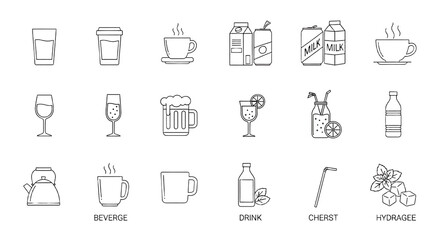 Fototapeta premium A collection of various beverage icons on a black background PNG