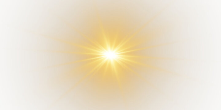 Yellow sun sparkle PNG with golden light, flash radiant sun rays, and glowing lens flash. Glow bright light star, explosion yellow sunlight, vector illustration