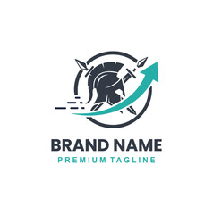 Obraz premium Professional modern Spartan helmet logo with spears and rising arrow.