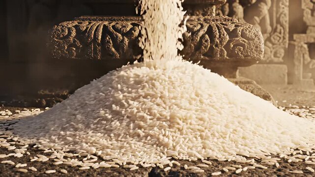 White Rice Pouring Onto Ancient Stone Structure With Detailed Carvings Dramatic Lighting