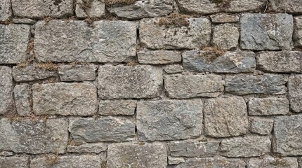 Obraz premium An old weathered stone wall made of roughly cut varied grey and brown blocks with visible mortar and dry vegetation in the cracks