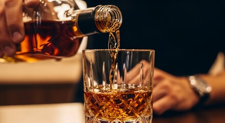 Whiskey being poured into a glass tumbler on a wooden table.
