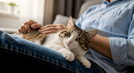 Person gently petting a relaxed cat lying on their lap.