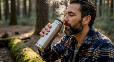 Man drinking from a thermos while sitting in a forest setting.
