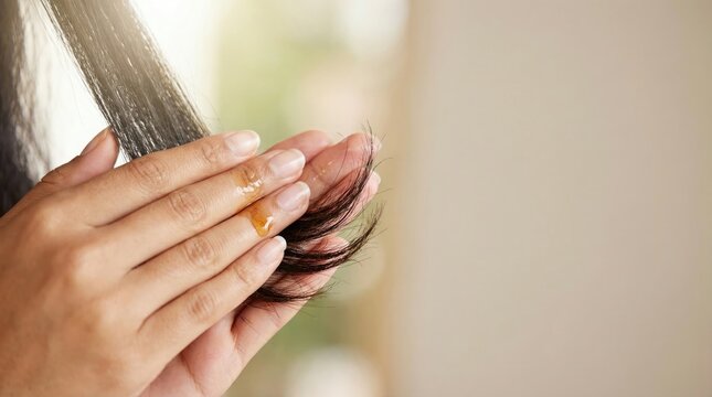 Close-up of a woman's hands applying nourishing oil or serum to the dry ends of her dark, long hair for treatment.